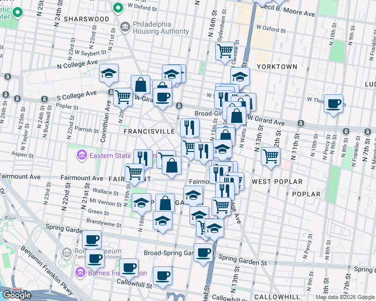 map of restaurants, bars, coffee shops, grocery stores, and more near 1530-32 Parrish Street in Philadelphia