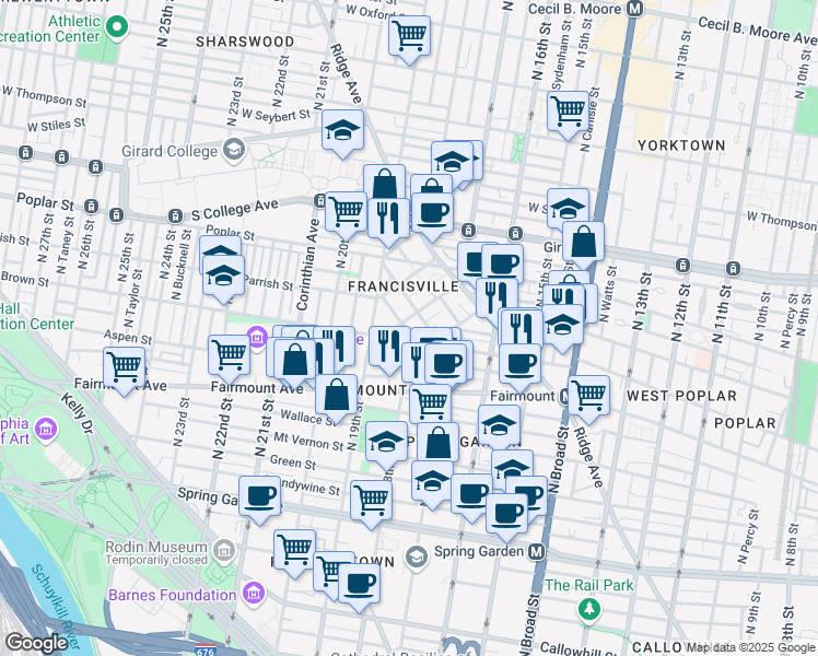 map of restaurants, bars, coffee shops, grocery stores, and more near 813 Cameron Street in Philadelphia