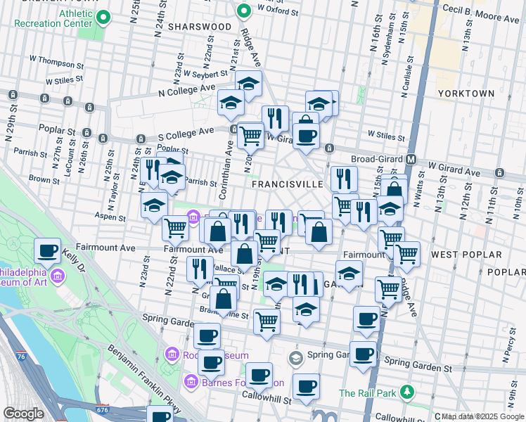 map of restaurants, bars, coffee shops, grocery stores, and more near 803 North 19th Street in Philadelphia