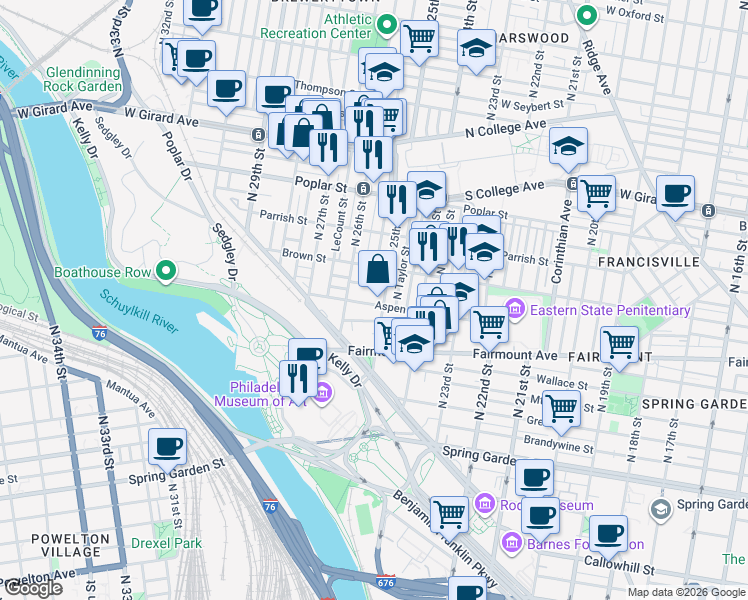 map of restaurants, bars, coffee shops, grocery stores, and more near 754 North 25th Street in Philadelphia
