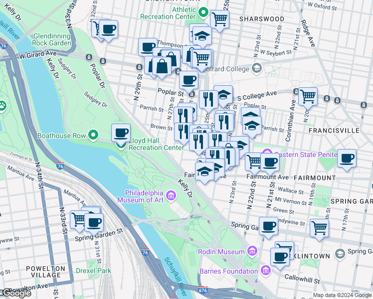 map of restaurants, bars, coffee shops, grocery stores, and more near 2601 Pennsylvania Avenue in Philadelphia