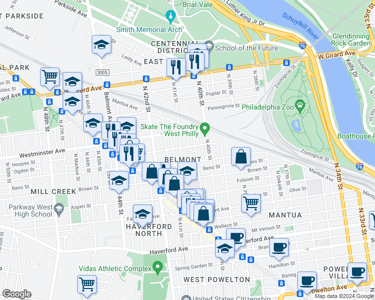 map of restaurants, bars, coffee shops, grocery stores, and more near 857 North 41st Street in Philadelphia