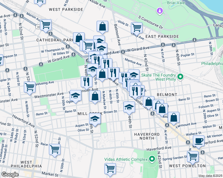 map of restaurants, bars, coffee shops, grocery stores, and more near 886 North 45th Street in Philadelphia