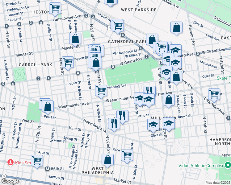 map of restaurants, bars, coffee shops, grocery stores, and more near 5109 Westminster Avenue in Philadelphia