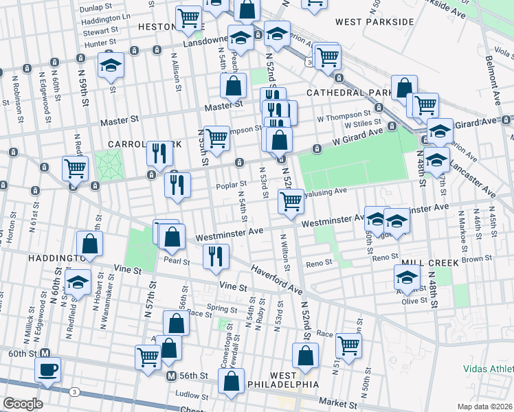 map of restaurants, bars, coffee shops, grocery stores, and more near 5322 Wyalusing Avenue in Philadelphia