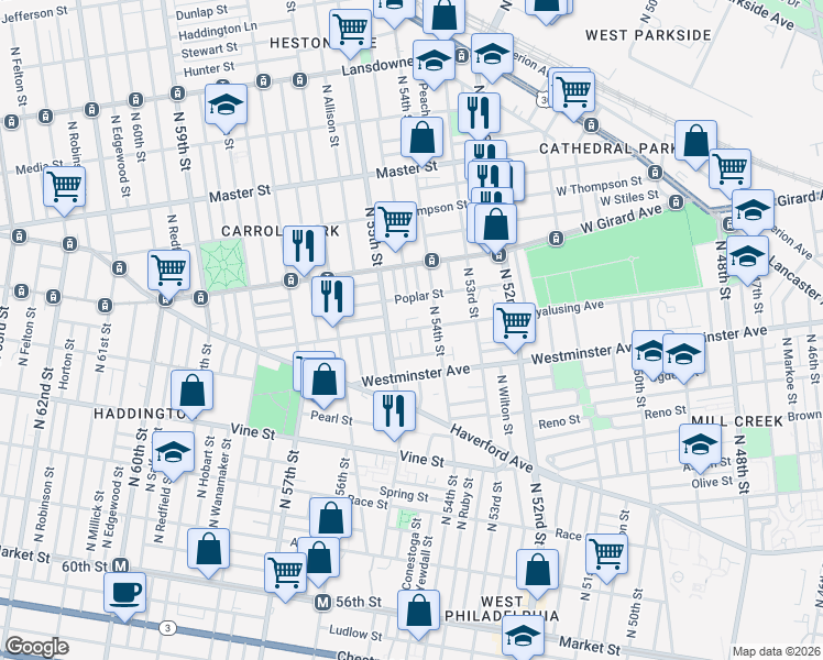 map of restaurants, bars, coffee shops, grocery stores, and more near 5416 Wyalusing Avenue in Philadelphia