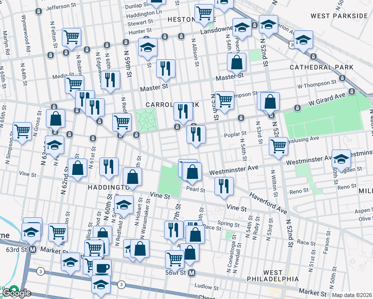 map of restaurants, bars, coffee shops, grocery stores, and more near 616 North 57th Street in Philadelphia