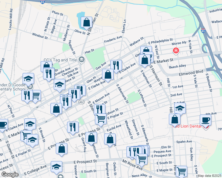 map of restaurants, bars, coffee shops, grocery stores, and more near 940 Pennsylvania 462 in York
