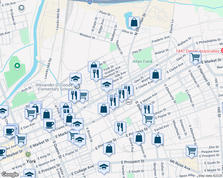 map of restaurants, bars, coffee shops, grocery stores, and more near 124 Ridge Avenue in York