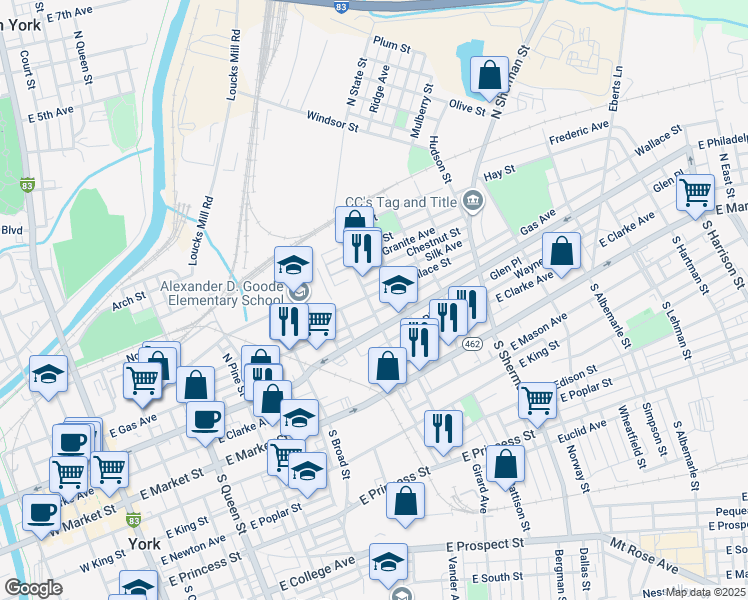 map of restaurants, bars, coffee shops, grocery stores, and more near 538 Wallace Street in York