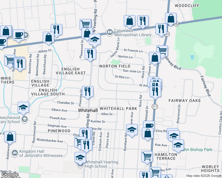 map of restaurants, bars, coffee shops, grocery stores, and more near 4418 Saint Margaret Lane in Columbus