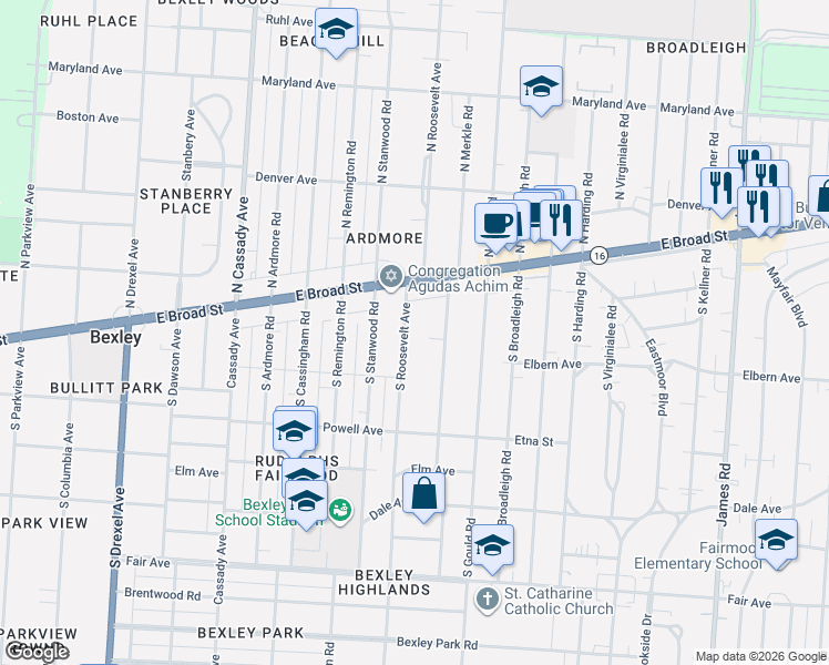map of restaurants, bars, coffee shops, grocery stores, and more near 74 South Roosevelt Avenue in Columbus