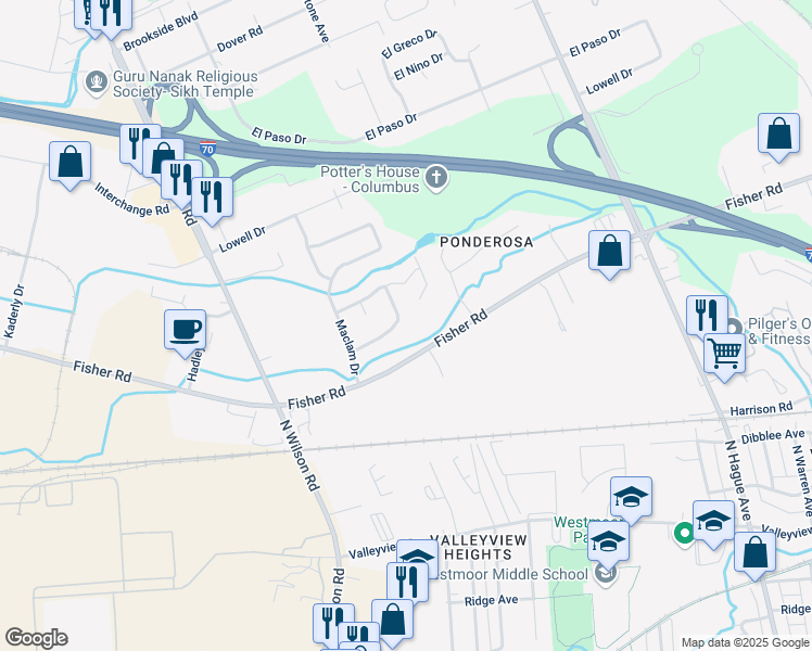 map of restaurants, bars, coffee shops, grocery stores, and more near 3350 Fisher Road in Columbus