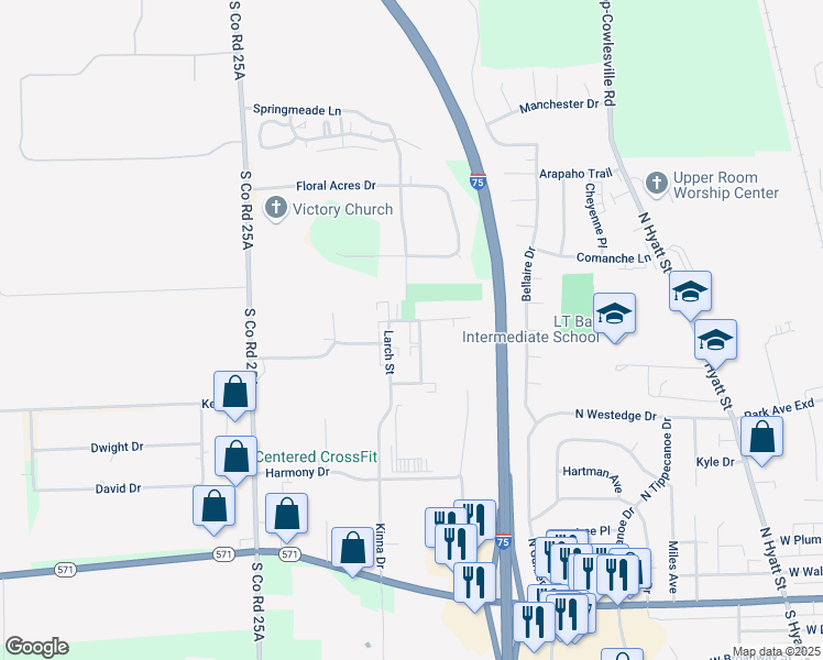 map of restaurants, bars, coffee shops, grocery stores, and more near 720 Larch Street in Tipp City