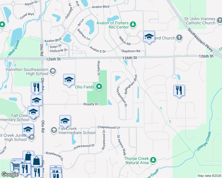 map of restaurants, bars, coffee shops, grocery stores, and more near 12386 Wolverton Way in Fishers
