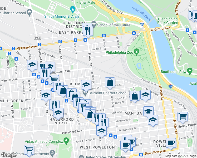 map of restaurants, bars, coffee shops, grocery stores, and more near 848 North Union Street in Philadelphia