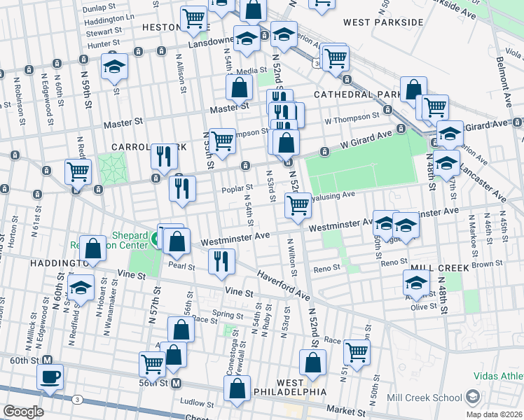 map of restaurants, bars, coffee shops, grocery stores, and more near 5322 Wyalusing Avenue in Philadelphia
