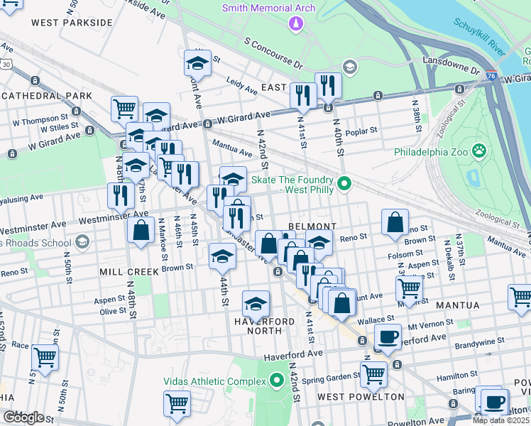 map of restaurants, bars, coffee shops, grocery stores, and more near 4211 Ogden Street in Philadelphia