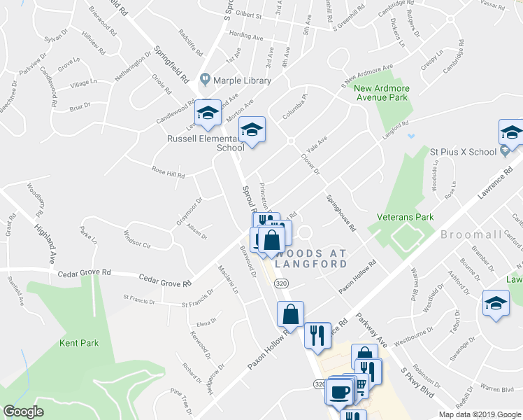 map of restaurants, bars, coffee shops, grocery stores, and more near 2185 Princeton Place in Broomall