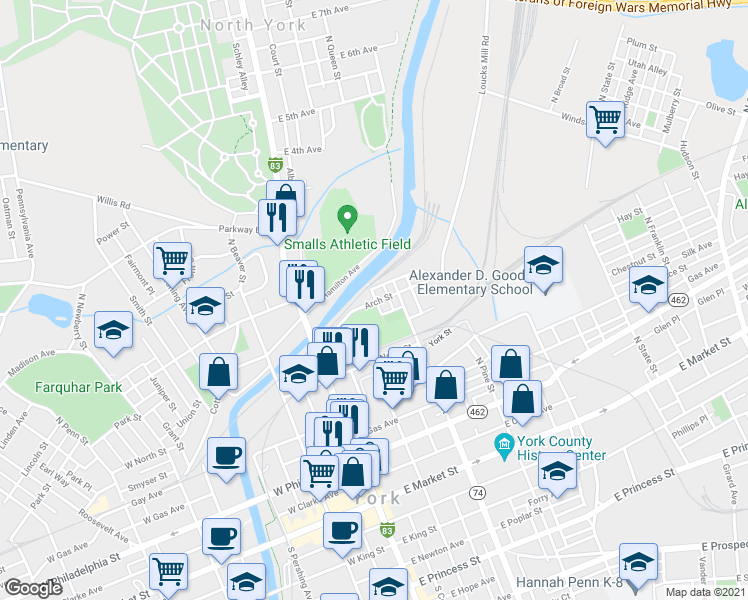 map of restaurants, bars, coffee shops, grocery stores, and more near 131 Arch Street in York