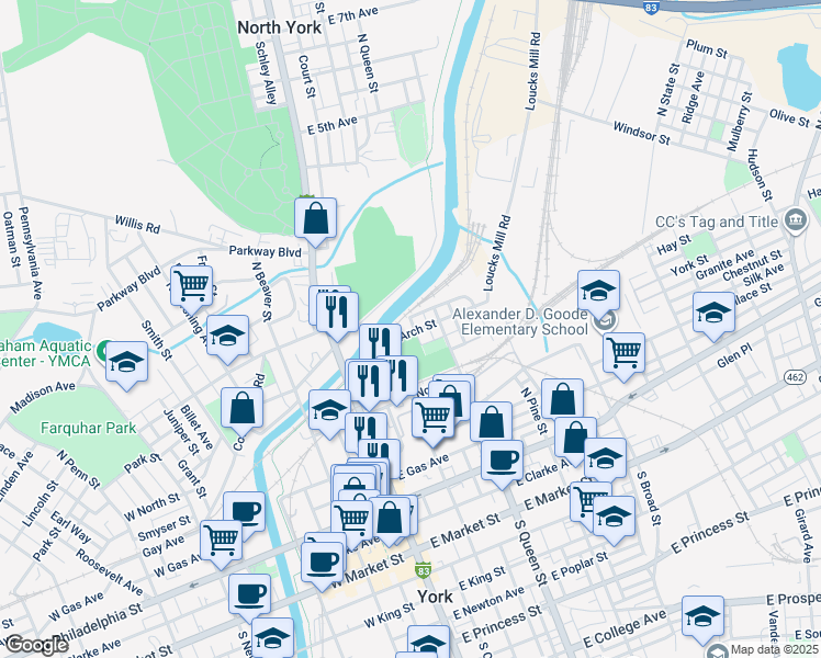 map of restaurants, bars, coffee shops, grocery stores, and more near 129 Arch Street in York