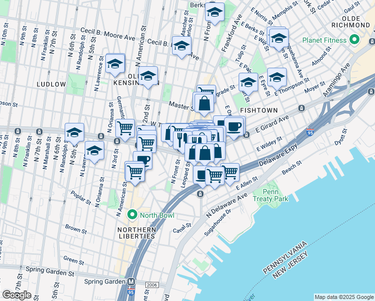 map of restaurants, bars, coffee shops, grocery stores, and more near 23 West Girard Avenue in Philadelphia