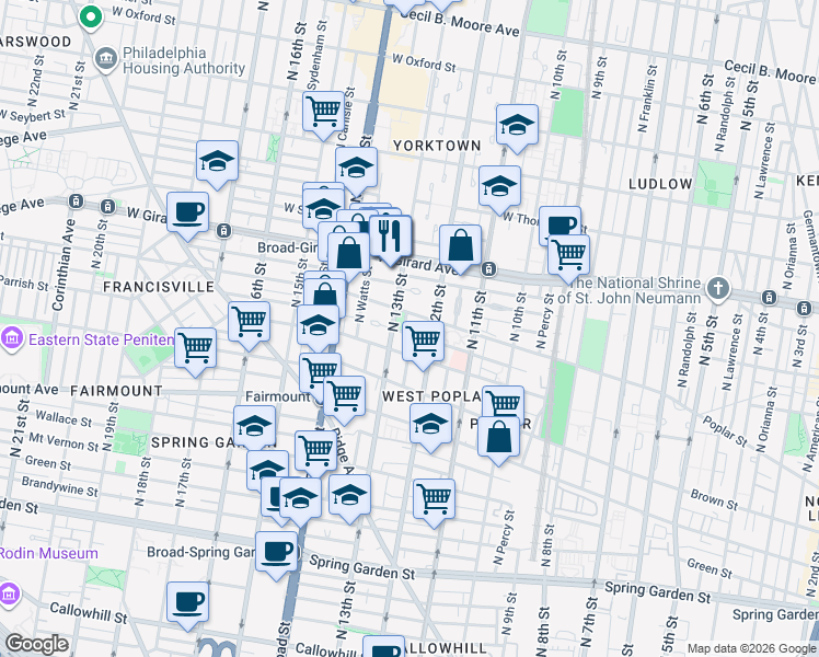 map of restaurants, bars, coffee shops, grocery stores, and more near 1232 Ogden Street in Philadelphia
