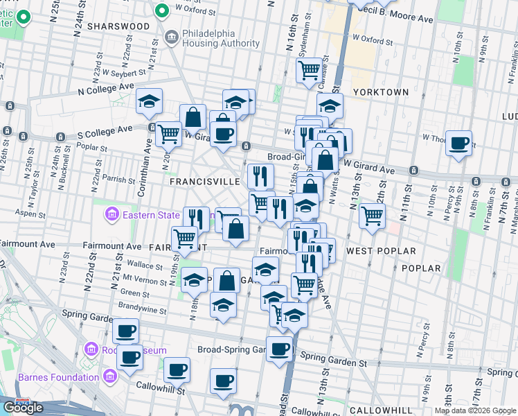 map of restaurants, bars, coffee shops, grocery stores, and more near 1530-32 Parrish Street in Philadelphia