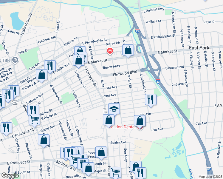 map of restaurants, bars, coffee shops, grocery stores, and more near 1422 1st Avenue in York