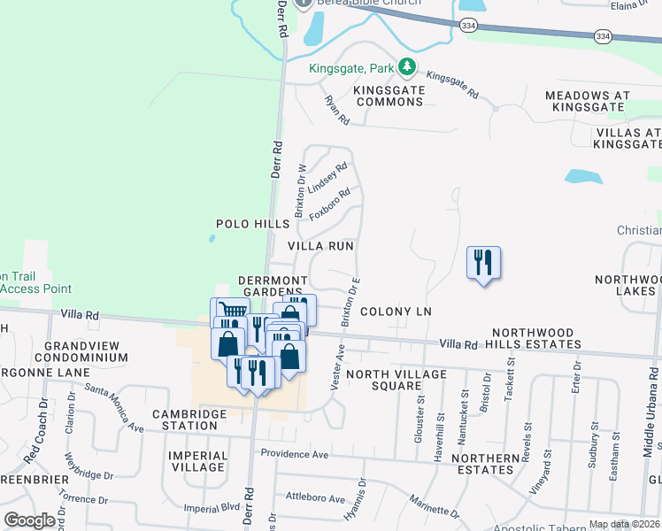 map of restaurants, bars, coffee shops, grocery stores, and more near 3034 Bradford Drive in Springfield