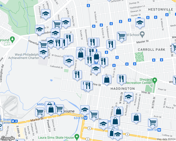 map of restaurants, bars, coffee shops, grocery stores, and more near 6317 Callowhill Street in Philadelphia