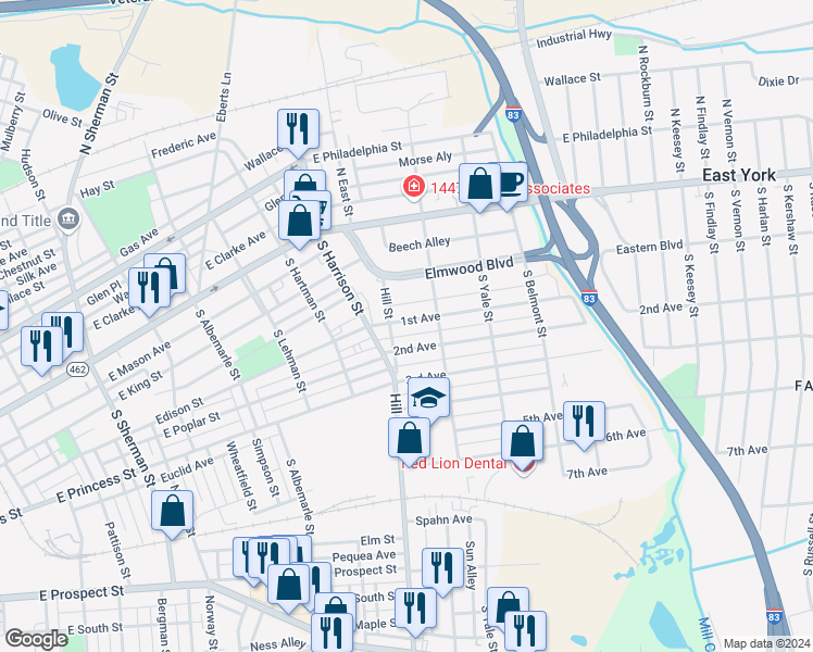 map of restaurants, bars, coffee shops, grocery stores, and more near 1410 1st Avenue in York
