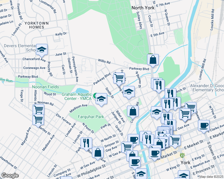 map of restaurants, bars, coffee shops, grocery stores, and more near 231 Front Street in York