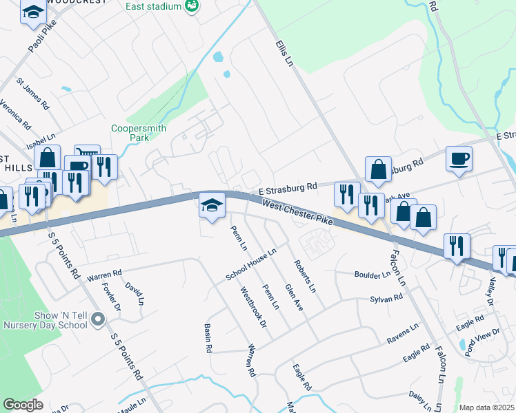 map of restaurants, bars, coffee shops, grocery stores, and more near 1202 West Chester Pike in West Chester