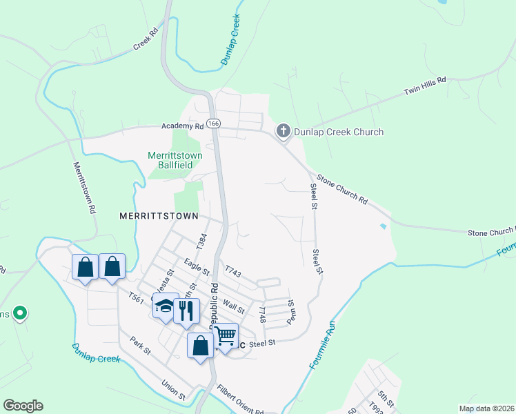 map of restaurants, bars, coffee shops, grocery stores, and more near 224 Republic Street in Uniontown