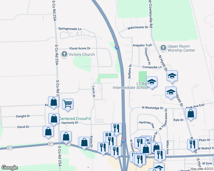 map of restaurants, bars, coffee shops, grocery stores, and more near 1270 Sequoia Court in Tipp City