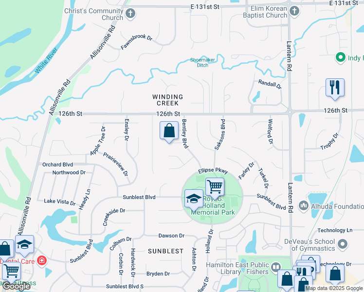 map of restaurants, bars, coffee shops, grocery stores, and more near 12518 Bentley Boulevard in Fishers