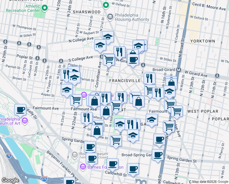 map of restaurants, bars, coffee shops, grocery stores, and more near 803 North 19th Street in Philadelphia