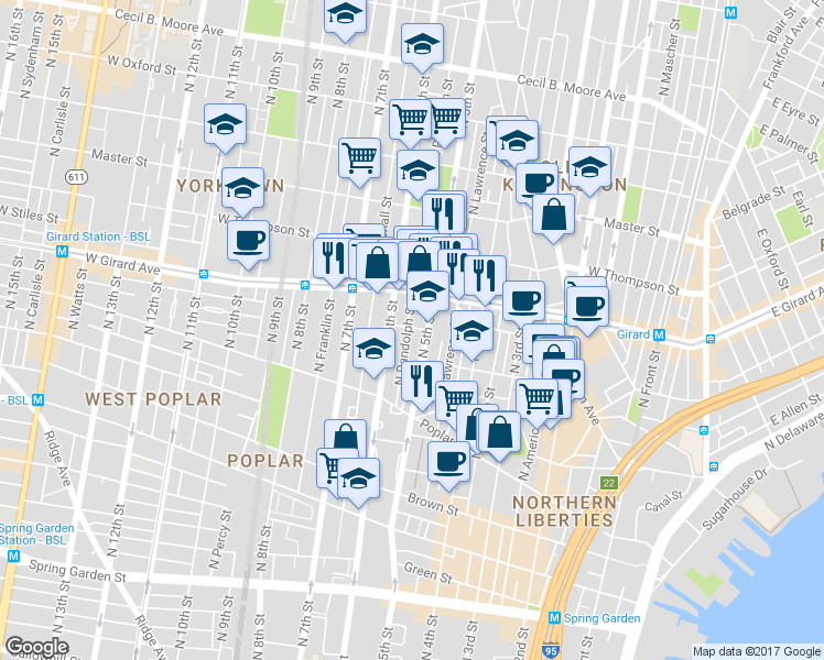map of restaurants, bars, coffee shops, grocery stores, and more near 989 North Randolph Street in Philadelphia