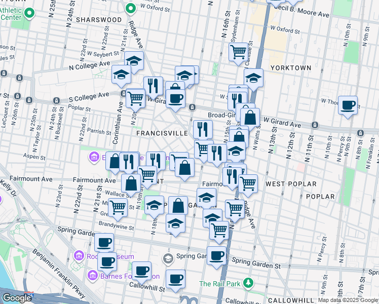 map of restaurants, bars, coffee shops, grocery stores, and more near 1700 Francis Street in Philadelphia