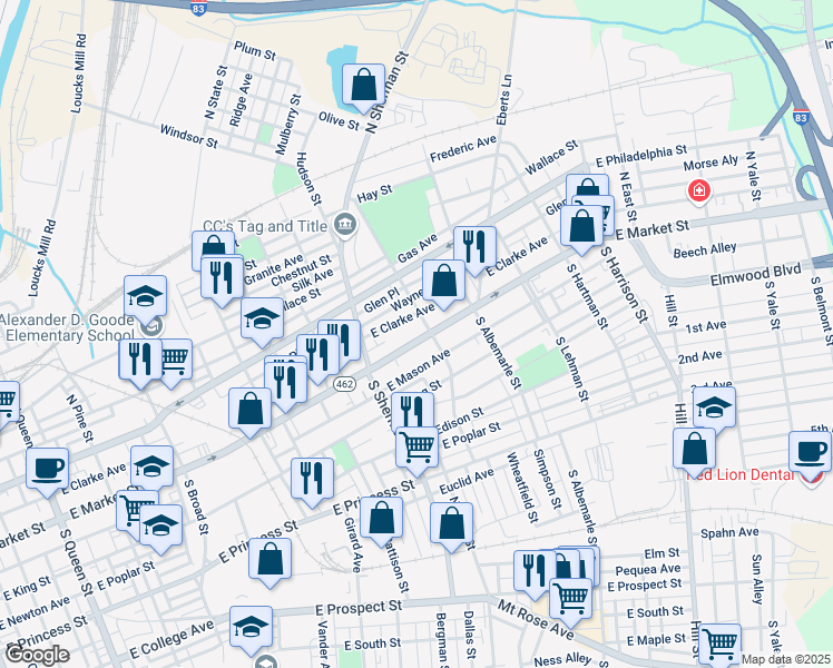 map of restaurants, bars, coffee shops, grocery stores, and more near 875 Pennsylvania 462 in York