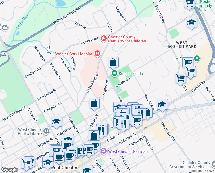 map of restaurants, bars, coffee shops, grocery stores, and more near 517 Maple Avenue in West Chester