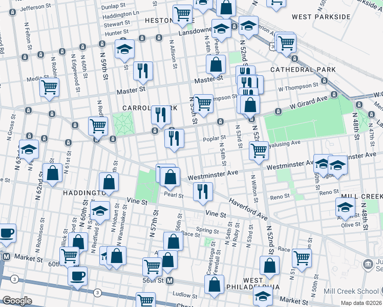map of restaurants, bars, coffee shops, grocery stores, and more near 5521 Wyalusing Avenue in Philadelphia