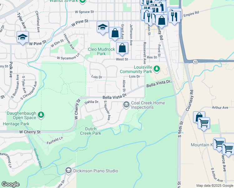 map of restaurants, bars, coffee shops, grocery stores, and more near 462 East Raintree Court in Louisville