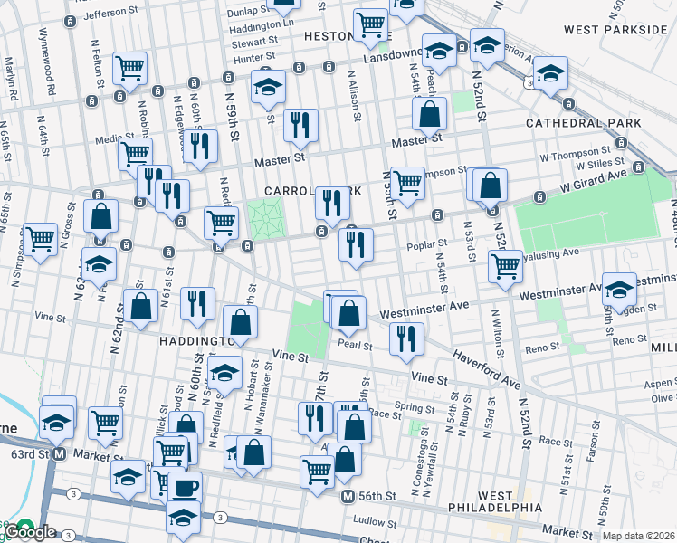 map of restaurants, bars, coffee shops, grocery stores, and more near 616 North 57th Street in Philadelphia
