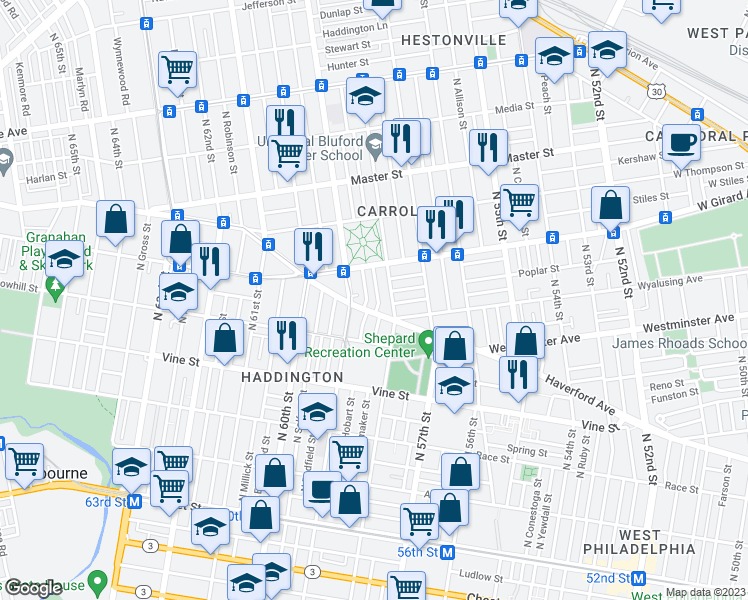 map of restaurants, bars, coffee shops, grocery stores, and more near 518 North Wanamaker Street in Philadelphia