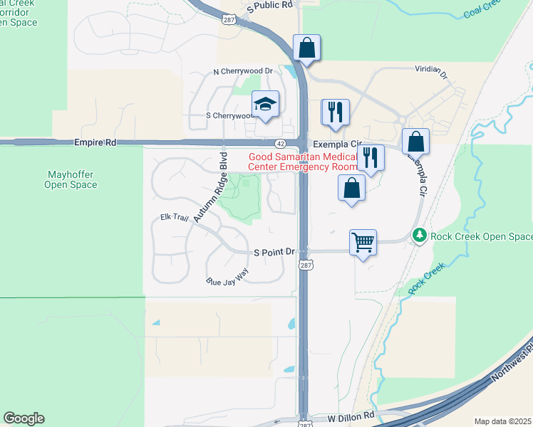 map of restaurants, bars, coffee shops, grocery stores, and more near 2831 Whitetail Circle in Lafayette
