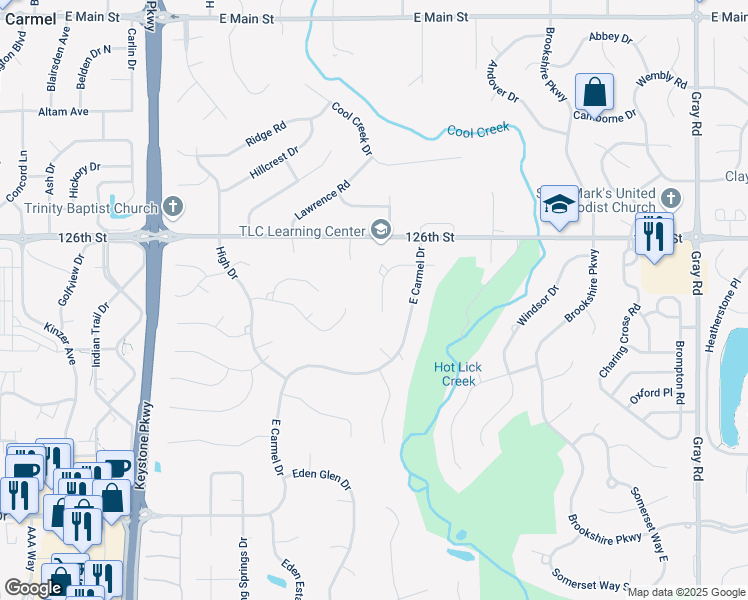 map of restaurants, bars, coffee shops, grocery stores, and more near 3730 Coventry Way in Carmel