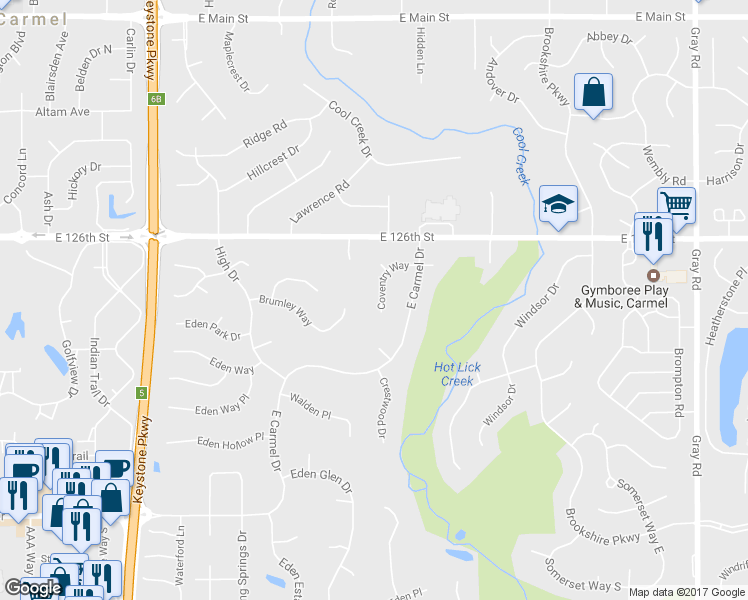 map of restaurants, bars, coffee shops, grocery stores, and more near 3730 Coventry Way in Carmel