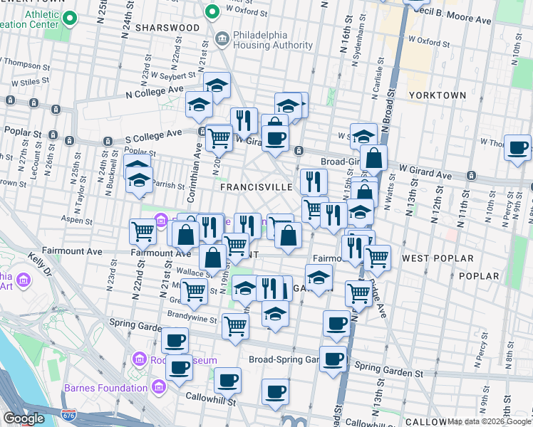 map of restaurants, bars, coffee shops, grocery stores, and more near 813 Cameron Street in Philadelphia